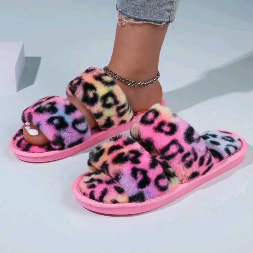 Rainbow leopard multicolor soft fur slippers
